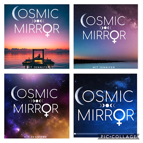 4 mal der Schriftzug Cosmic Mirror auf verschiedenen Hintergründen von rosa über lila bis dunkelblau 